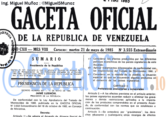Gaceta Oficial 3555 del 21 Mayo 1985