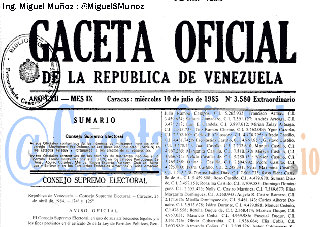 Gaceta Oficial 3580 del 10 Julio 1985