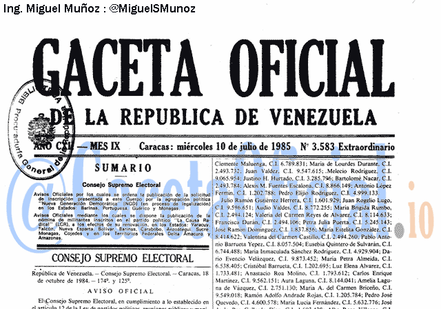 Gaceta Oficial 3583 del 10 Julio 1985