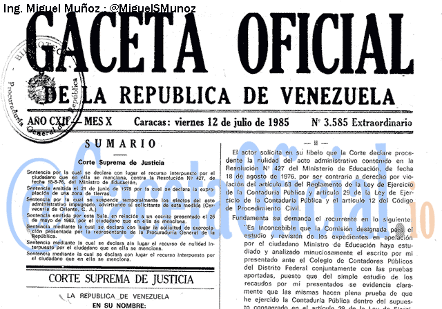 Gaceta Oficial 3585 del 12 Julio 1985
