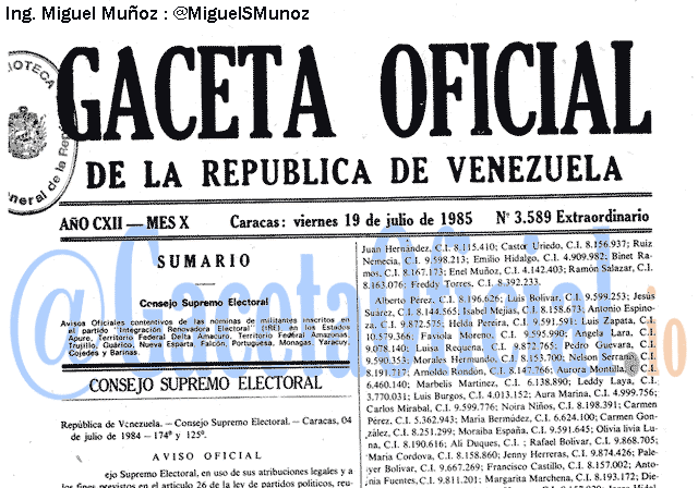 Gaceta Oficial 3589 del 19 Julio 1985