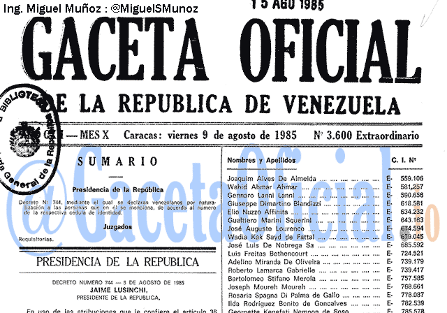 Gaceta Oficial 3600 del 9 Agosto 1985