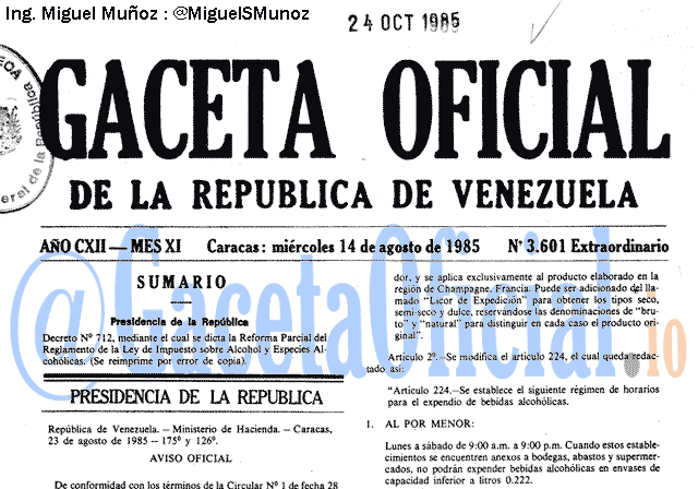 Gaceta Oficial 3601 del 14 Agosto 1985