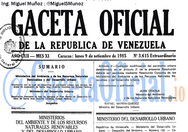 Gaceta Oficial 3615 del 9 Septiembre 1985