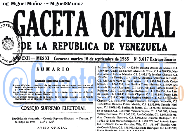 Gaceta Oficial 3617 del 10 Septiembre 1985