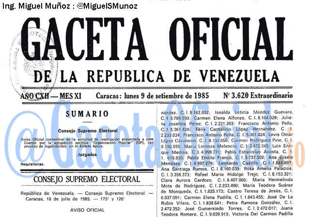 Gaceta Oficial 3620 del 9 Septiembre 1985