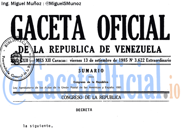 Gaceta Oficial 3622 del 13 Septiembre 1985