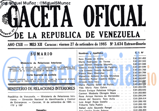 Gaceta Oficial 3634 del 27 Septiembre 1985