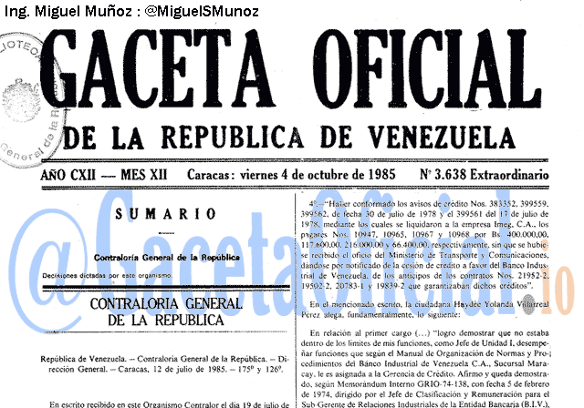 Gaceta Oficial 3638 del 4 Octubre 1985