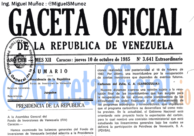 Gaceta Oficial 3641 del 10 Octubre 1985