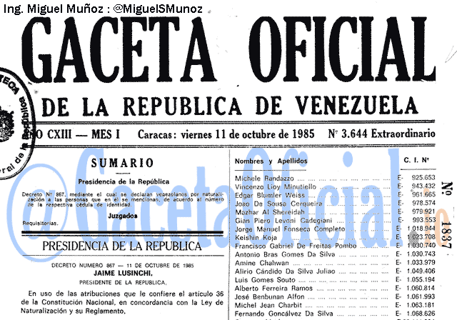 Gaceta Oficial 3644 del 11 Octubre 1985