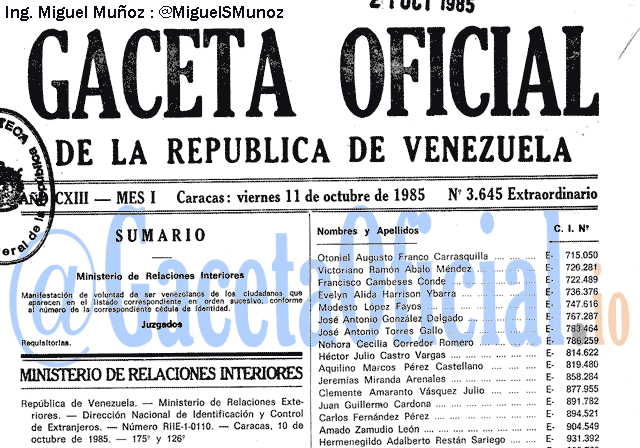 Gaceta Oficial 3645 del 11 Octubre 1985