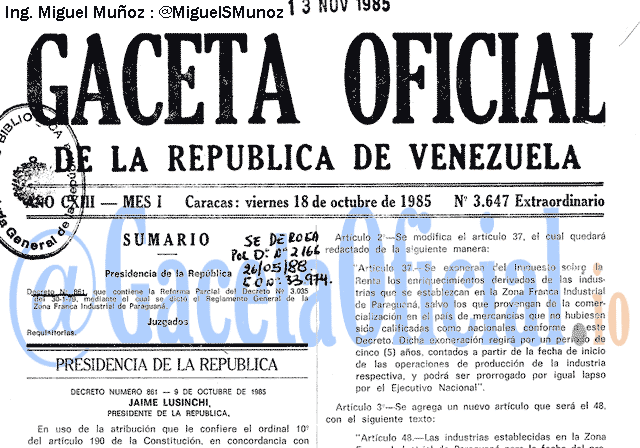 Gaceta Oficial 3647 del 18 Octubre 1985
