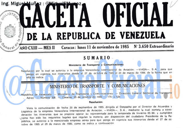 Gaceta Oficial 3650 del 11 Noviembre 1985