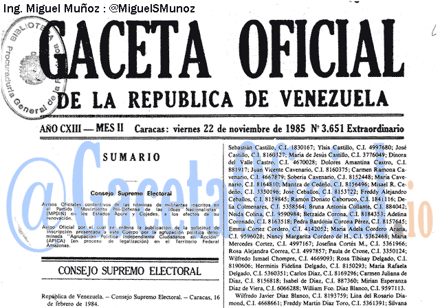 Gaceta Oficial 3651 del 22 Noviembre 1985