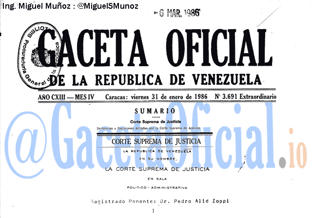 Gaceta Oficial 3691 del 31 Enero 1986