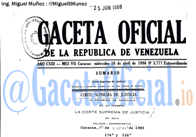 Gaceta Oficial 3777 del 16 Abril 1986