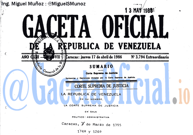 Gaceta Oficial 3794 del 17 Abril 1986