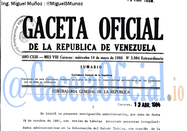 Gaceta Oficial 3804 del 14 Mayo 1986