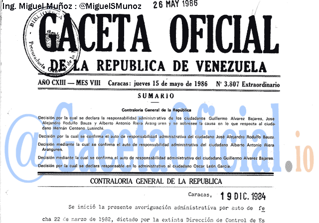 Gaceta Oficial 3807 del 15 Mayo 1986