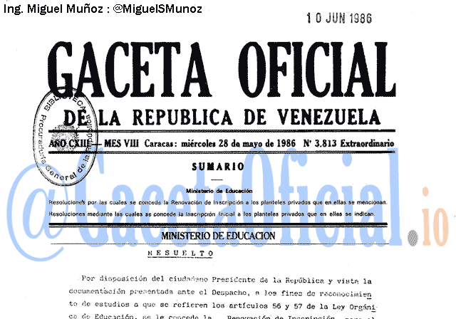 Gaceta Oficial 3813 del 28 Mayo 1986