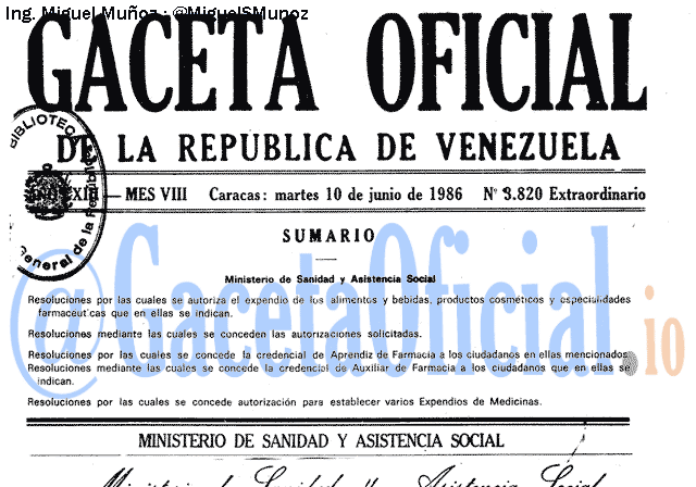 Gaceta Oficial 3820 del 10 Junio 1986