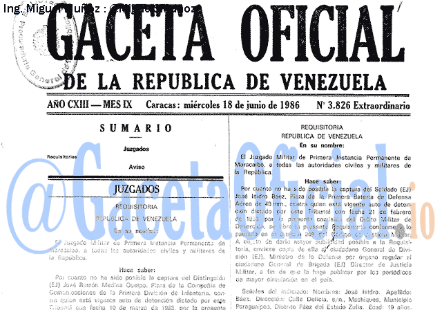 Gaceta Oficial 3826 del 18 Junio 1986