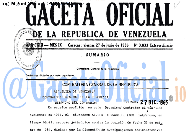 Gaceta Oficial 3833 del 27 Junio 1986
