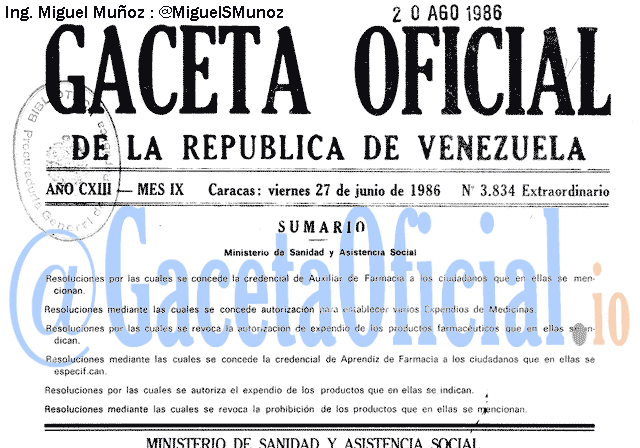 Gaceta Oficial 3834 del 27 Junio 1986