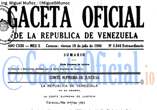 Gaceta Oficial 3846 del 18 Julio 1986