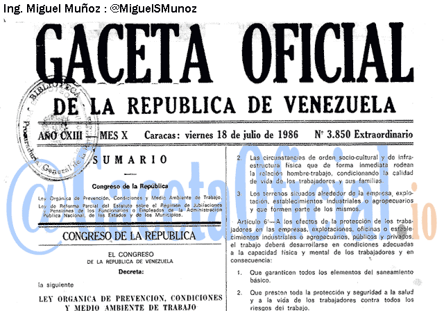Gaceta Oficial 3850 del 18 Julio 1986
