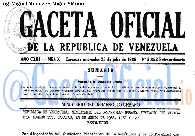 Gaceta Oficial 3852 del 23 Julio 1986