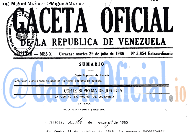 Gaceta Oficial 3854 del 29 Julio 1986
