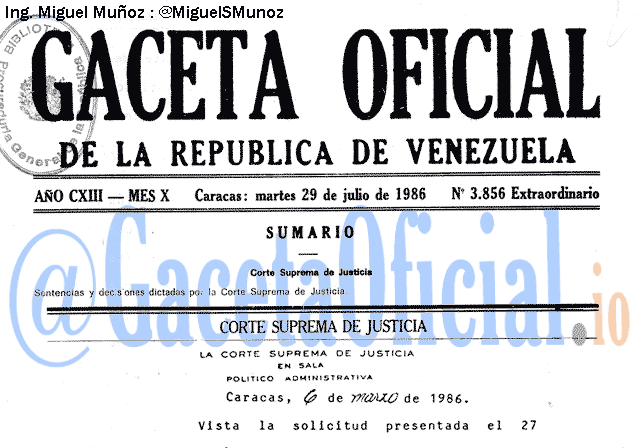 Gaceta Oficial 3856 del 29 Julio 1986