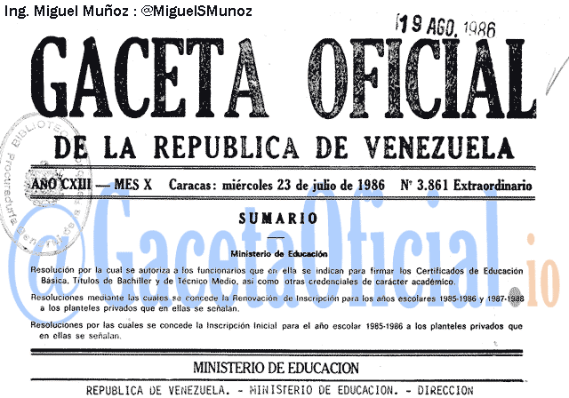 Gaceta Oficial 3861 del 23 Julio 1986