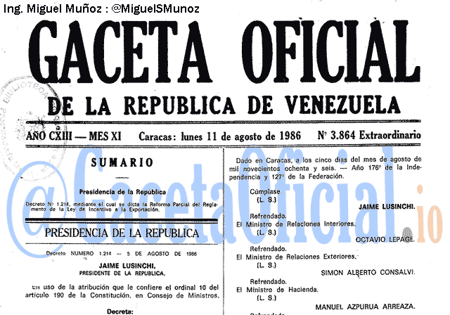 Gaceta Oficial 3864 del 11 Agosto 1986