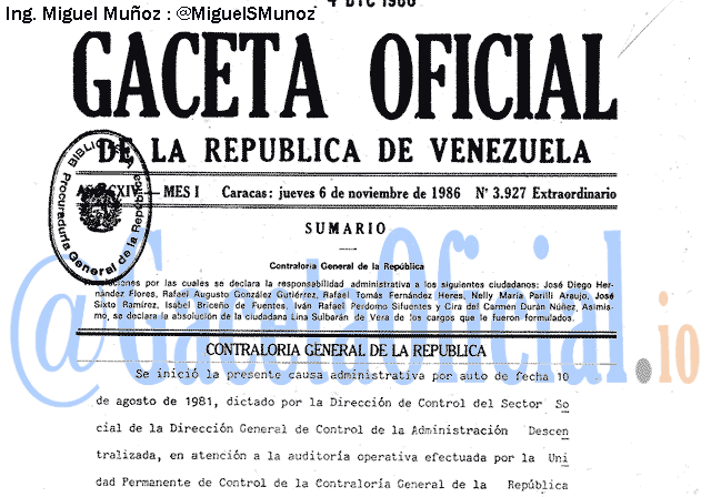 Gaceta Oficial 3927 del 6 Noviembre 1986