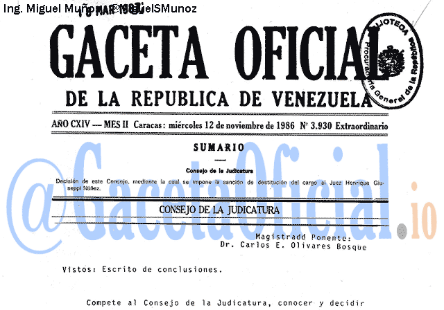 Gaceta Oficial 3930 del 12 Noviembre 1986