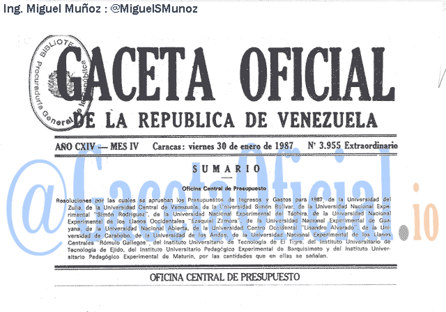 Gaceta Oficial 3955 del 30 Enero 1987