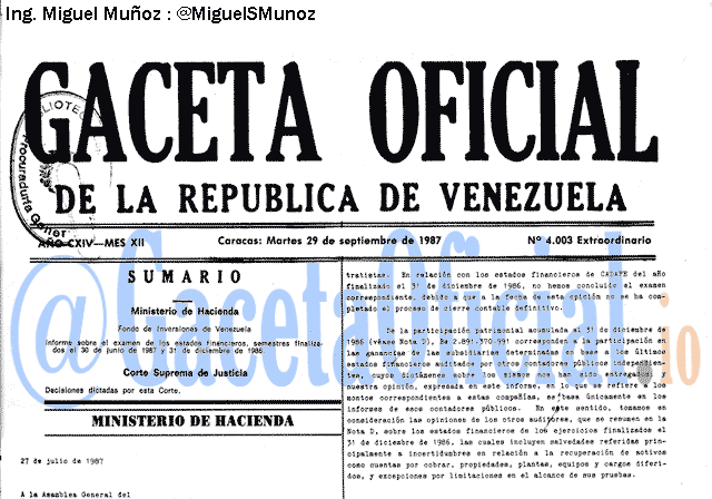 Gaceta Oficial 4003 del 29 Septiembre 1987