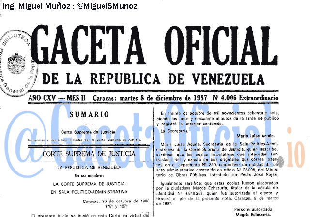 Gaceta Oficial 4006 del 8 Diciembre 1987