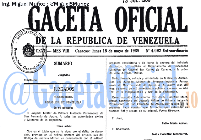 Gaceta Oficial 4092 del 15 Mayo 1989