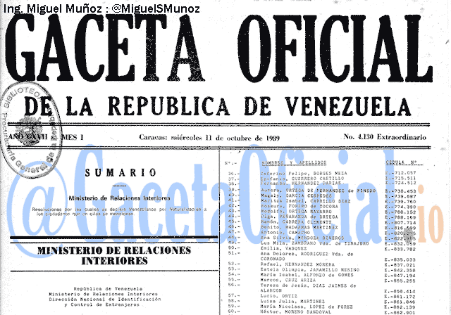 Gaceta Oficial 4130 del 11 Octubre 1989