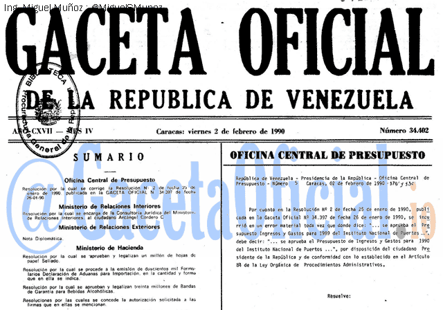 Gaceta Oficial 34402 del 2 Febrero 1990