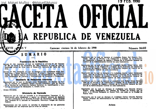 Gaceta Oficial 34412 del 16 Febrero 1990
