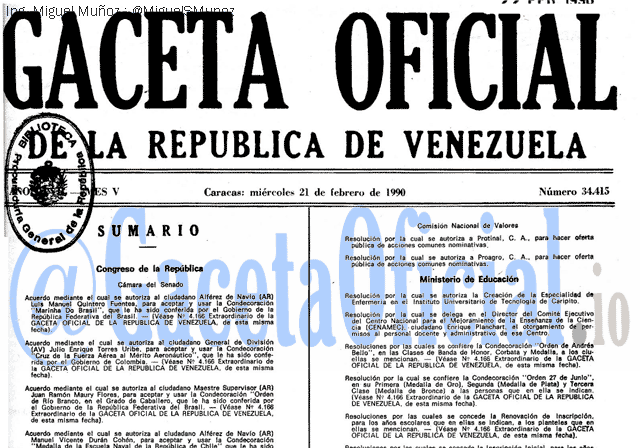 Gaceta Oficial 34415 del 21 Febrero 1990