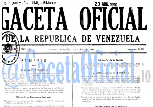 Gaceta Oficial 34450 del 18 Abril 1990