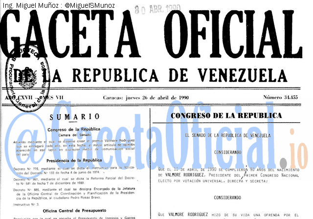 Gaceta Oficial 34455 del 26 Abril 1990