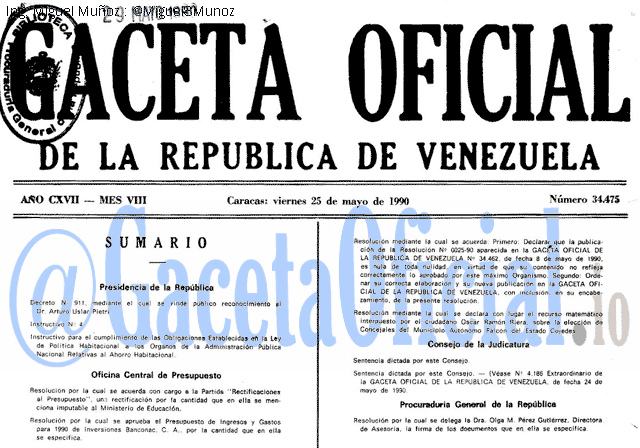 Gaceta Oficial 34475 del 25 Mayo 1990