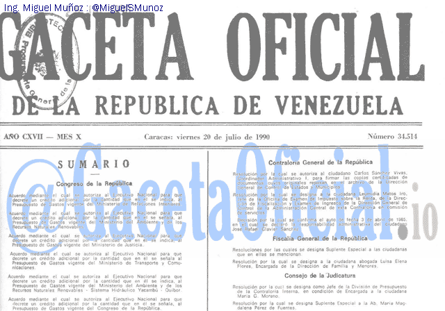 Gaceta Oficial 34514 del 20 Julio 1990